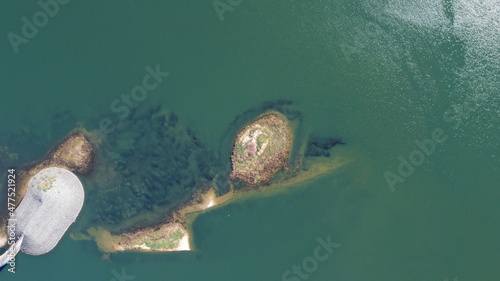 Shallow water with artificial islands. Aerial view