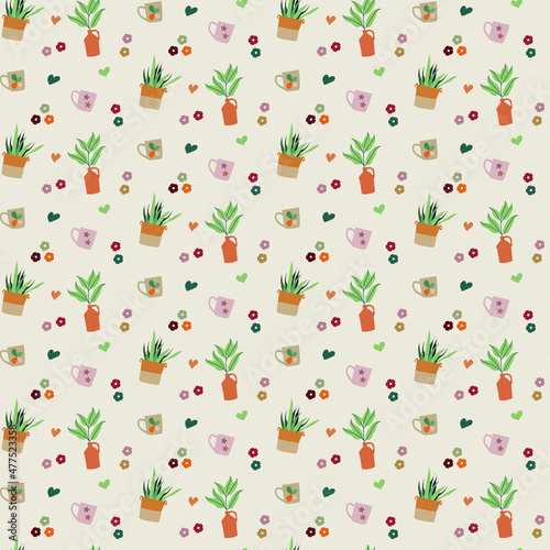 Boho vector pattern with plants leaves and abstract elements 