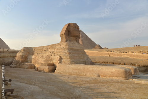 The pyramid at Giza in the desert and sphinx.