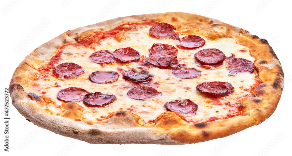  Single pepperoni italian pizza isolated over white background