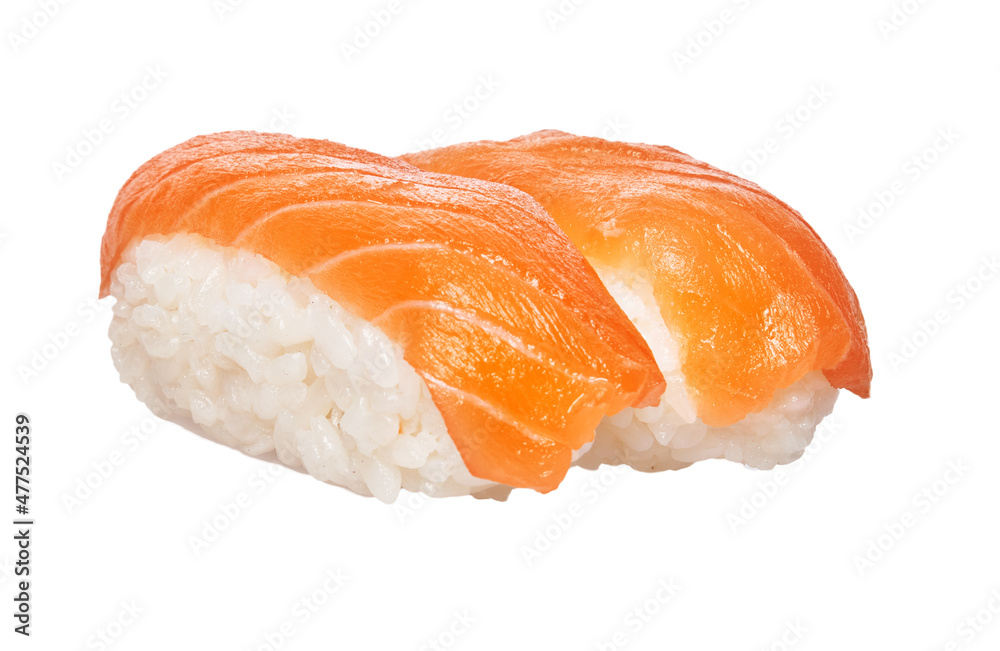 Two salmon sushi nigiri isolated on white background Two salmon sushi nigiri isolated on white background