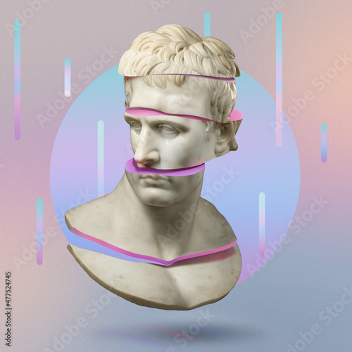 Modern conceptual art poster with blue pink colorful ancient statue with cyberpunk aesthetics. Contemporary art collage. Concept of retro wave style posters. Glitch effects. 3d illustration