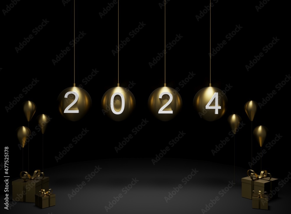 3d rendering 2024 all in gold and black background 3d rendering 2024 all in gold and black background
