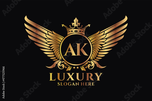 Luxury royal wing Letter AK crest Gold color Logo vector, Victory logo, crest logo, wing logo, vector logo template. photo