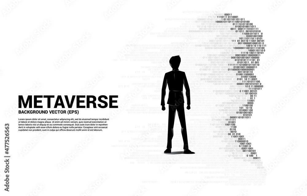 silhouette of businessman standing with man head from pixel transformation . Concept background human future and metaverse. silhouette of businessman standing with man head from pixel transformation . Concept background human future and metaverse.