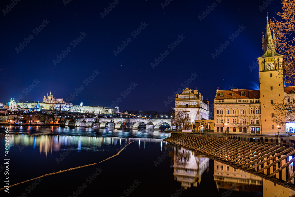 Prague, Czech republic - December 29, 2021. Winter night photo of Prague Castle with Novotneho lavka