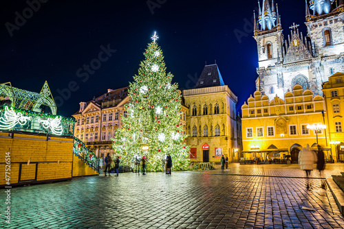 Prague, Czech republic - December 29, 2021. Night photo of Old Town Square without Christmas markets banned due Coronavirus caused empty streets without tourists