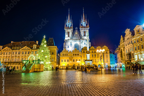 Prague, Czech republic - December 29, 2021. Night photo of Old Town Square without Christmas markets banned due Coronavirus caused empty streets without tourists © marketanovakova
