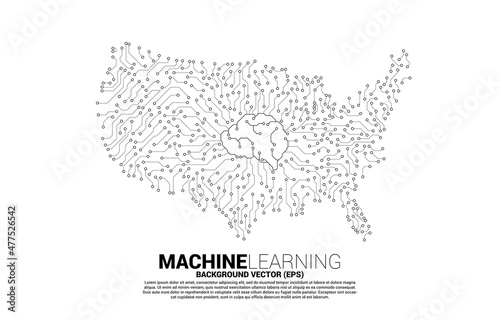Vector United States map from circuit board dot connect with brain center. Concept for America digital network connection.