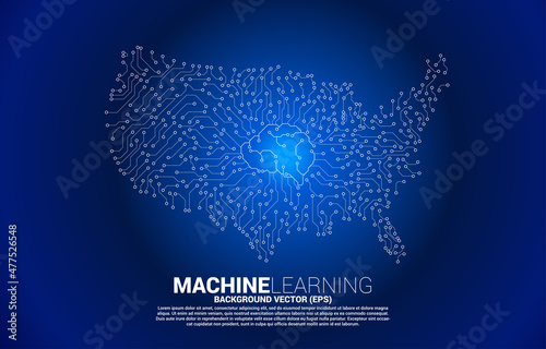 Vector United States map from circuit board dot connect with brain center. Concept for America digital network connection.