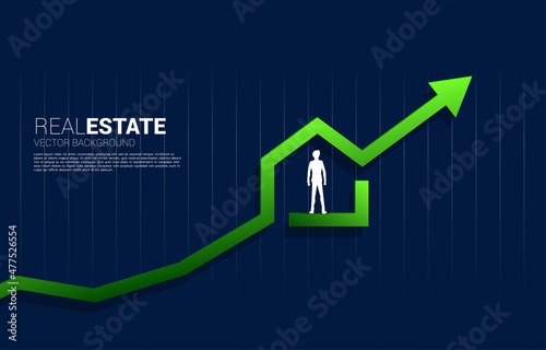 silhouette of businessman standing in green home icon with Growing graph. Concept of success investment and growth in real estate business
