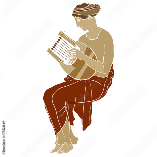 Sitting ancient Greek woman or muse playing the lyre. Vase painting style.