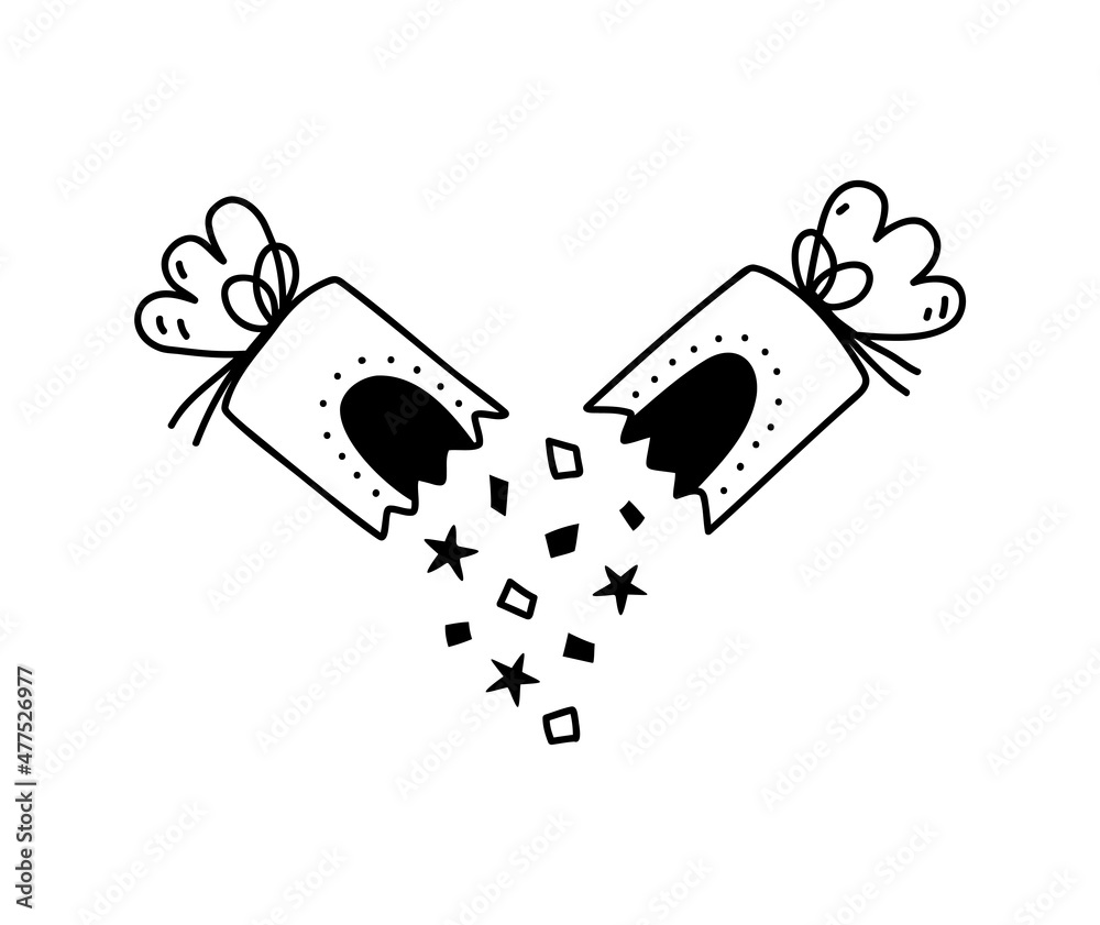 Hand drawn cartoon illustration of outline party open cracker with confetti. Cute doodle simple broken bon bon line art. Flat vector festive, celebration, Christmas sticker, icon or print. Isolated. Hand drawn cartoon illustration of outline party open cracker with confetti. Cute doodle simple broken bon bon line art. Flat vector festive, celebration, Christmas sticker, icon or print. Isolated.