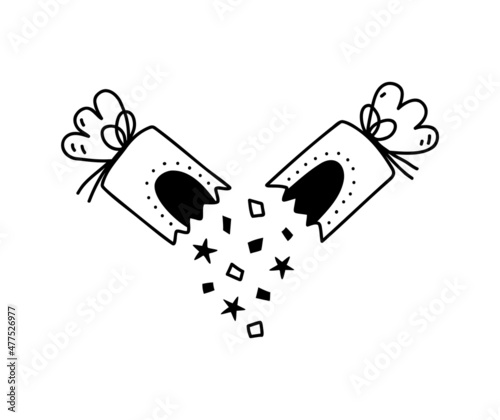 Hand drawn cartoon illustration of outline party open cracker with confetti. Cute doodle simple broken bon bon line art. Flat vector festive, celebration, Christmas sticker, icon or print. Isolated.
