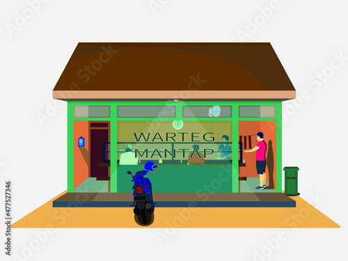 Indonesian Traditional food stall in vector cartoon concept illustration. The name of the food stall is warteg or warung tegal cartoon concept. photo