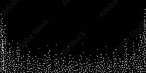 Falling numbers, big data concept. Binary white random flying digits. Marvelous futuristic banner on black background. Digital vector illustration with falling numbers.