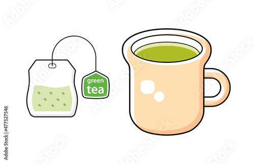 Green tea cup and tea bag with label isolated cartoon vector