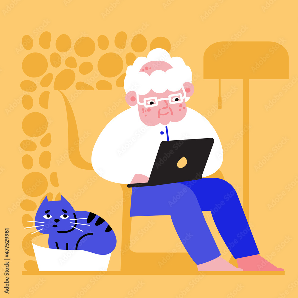 Colored illustration in a flat style. Happy modern grandpa with laptop.