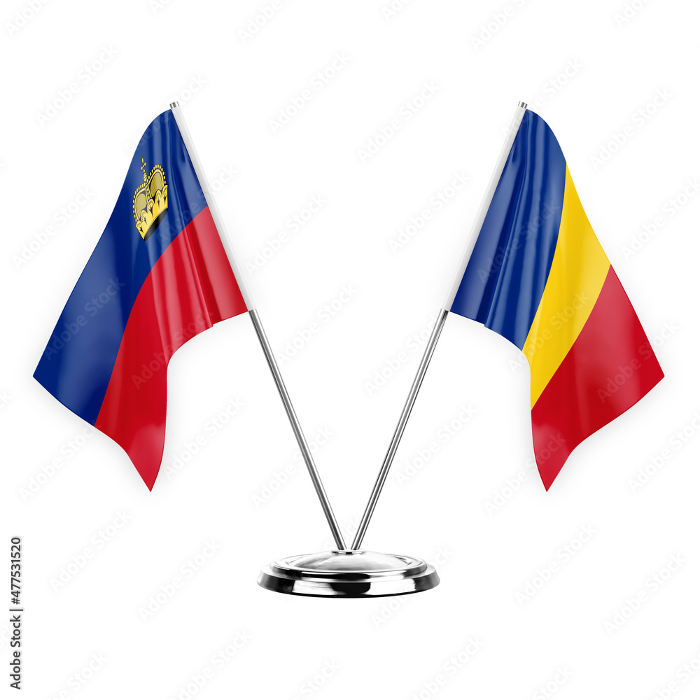 Two table flags isolated on white background 3d illustration, liechtenstein and romania Two table flags isolated on white background 3d illustration, liechtenstein and romania