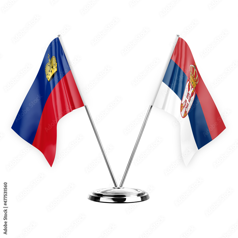 Two table flags isolated on white background 3d illustration, liechtenstein and serbia Two table flags isolated on white background 3d illustration, liechtenstein and serbia