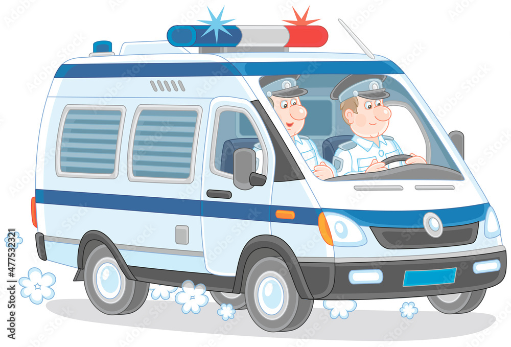 Police car with two on-duty officer policemen in uniform during patrol, vector cartoon illustration isolated on a white background