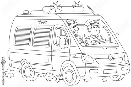 Police car with two on-duty officer policemen in uniform during patrol, black and white vector cartoon illustration for a coloring book page