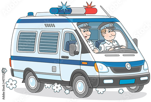 Police car with two on-duty officer policemen in uniform during patrol, vector cartoon illustration isolated on a white background