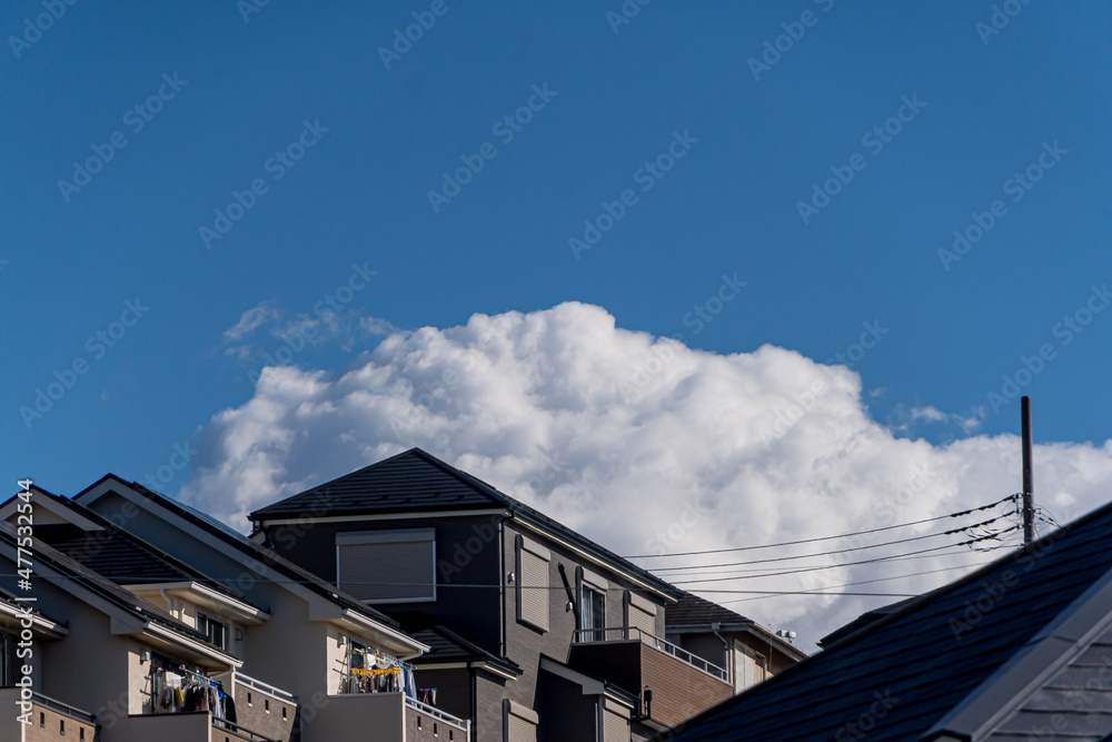 Japanese residential area with blue sky and clouds