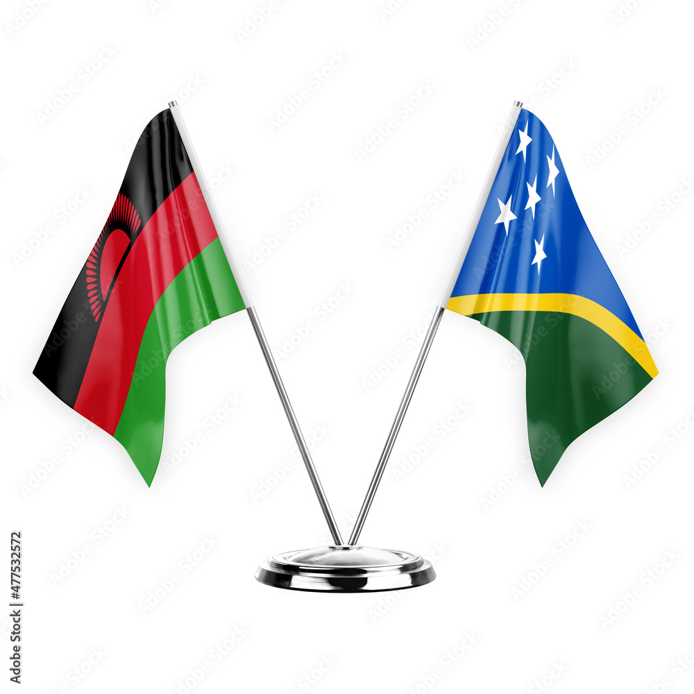 Two table flags isolated on white background 3d illustration, malawi and solomon islands Two table flags isolated on white background 3d illustration, malawi and solomon islands
