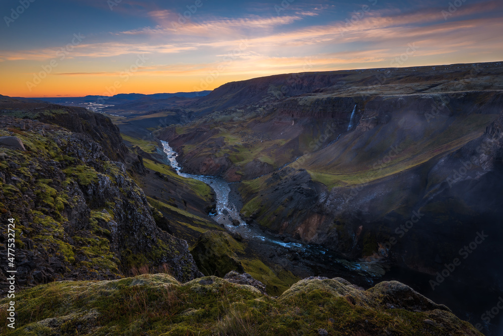 Fossardalur valley and Fossá river in Iceland at sunset.