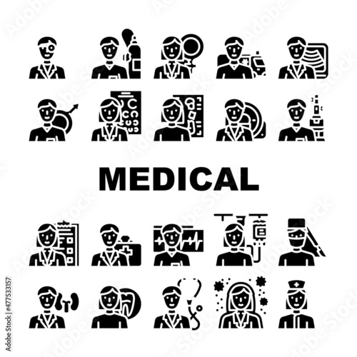 Medical Speciality Health Treat Icons Set Vector. Dentist And Oculist, Immunologist And Therapist, Gynecologist And Urologist Doctor Hospital Medical Speciality Glyph Pictograms Black Illustrations