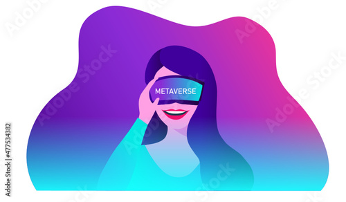 Metaverse digital virtual reality and augmented reality technology, woman wearing virtual reality headset glasses vector illustration
