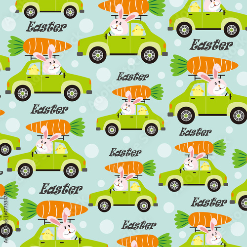 Canvas Print seamless pattern with cars, rabbit, chick and carrot for easter card, gift wrap