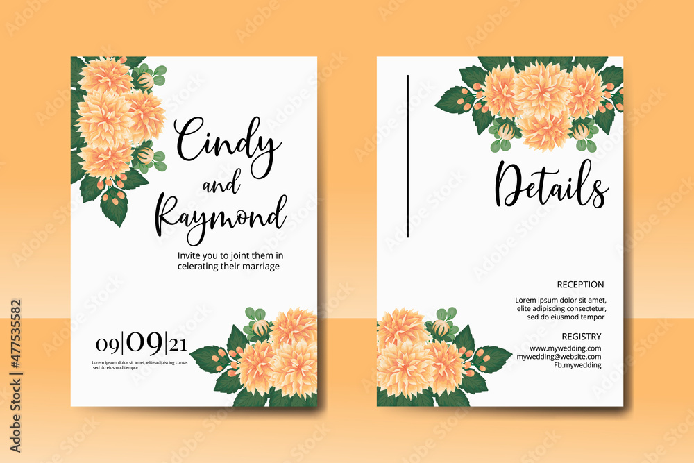 Fototapeta premium Wedding invitation frame set, floral watercolor Digital hand drawn Orange Dahlia Flower design Invitation Card Template