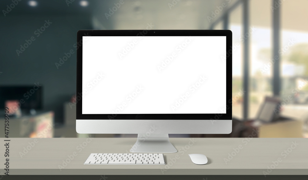 Computer desktop with blank screen on service counter in blurry background with parcel delivery office express, EMS. Computer desktop with blank screen on service counter in blurry background with parcel delivery office express, EMS.
