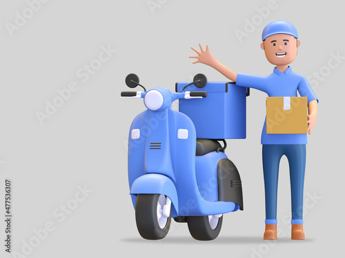 blue uniform courier wearing cap riding scooter waving hand and holding package box 3d render illustration