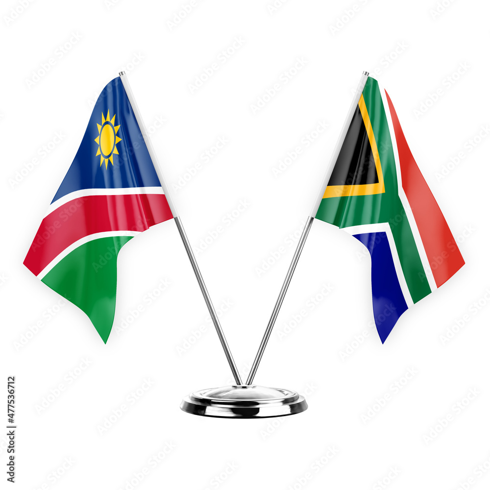 Two table flags isolated on white background 3d illustration, namibia and south africa Two table flags isolated on white background 3d illustration, namibia and south africa