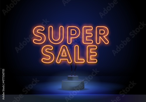 Super sale neon sign on dark background. Vector illustration in neon style  glowing element for sale banners  seasonal posters  flyers