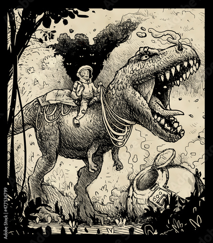 Vintage poster illustration with boy riding the dinosaur, character design, card and print art