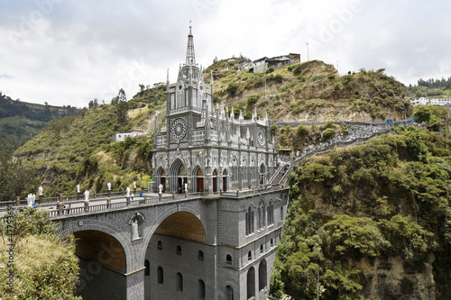 Ipiales, Colombia: Santuario Nuestra Señora de las Lajas (Las Lajas), a neo-Gothic Roman Catholic basilica, is connected to the other side of the Guaitara gorge via the Jose Maria Cabrera bridge