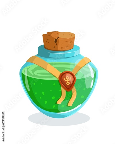 Magic flask glass potion bottle with elixir Vector