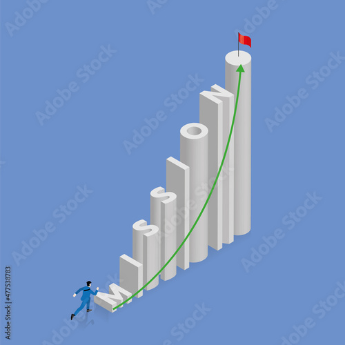 Business concept of success, grow up, chart up bar graph with green arrow. Businessman runs and steps up a very high stair, staircase is text word MISSION, arrange in alphabet order, red flag on top.