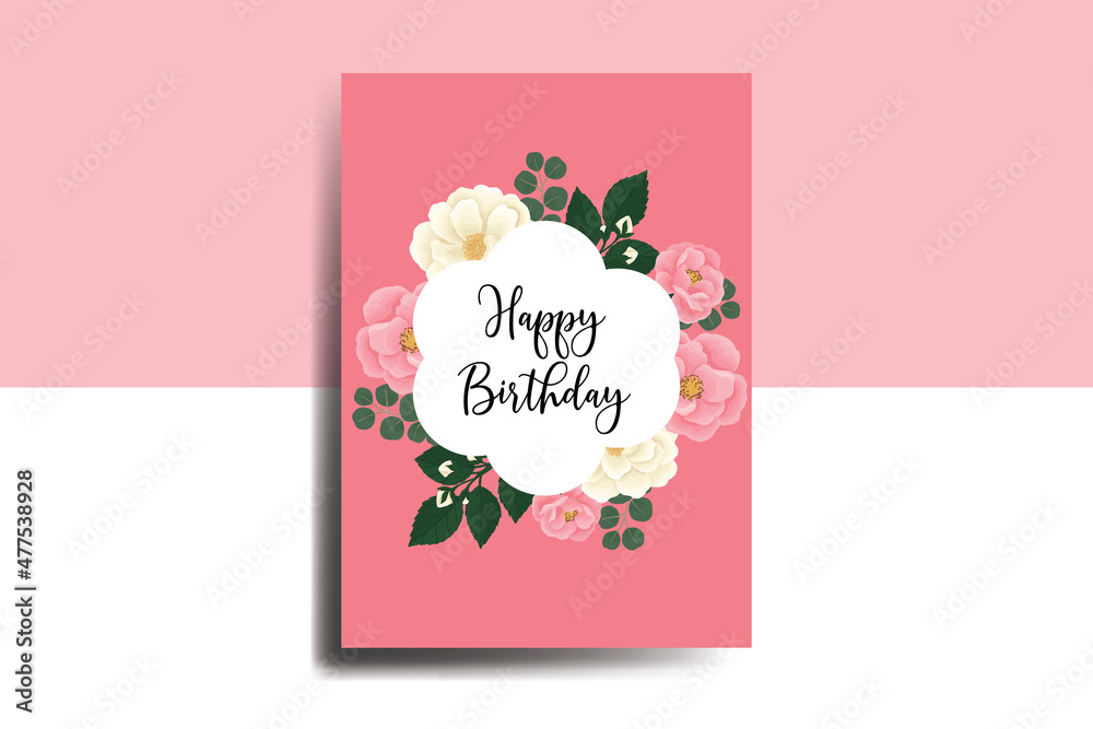 Greeting card birthday card Digital watercolor hand drawn Pink Mini Rose Flower Design Template