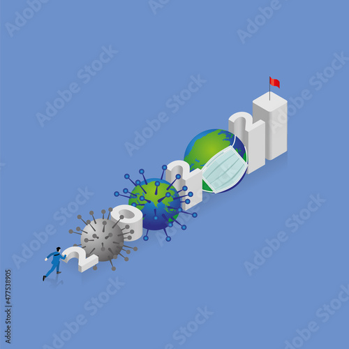 Business concept of overcoming obstacles, economic crisis, and coronavirus. Businessmen confront number 2022 in step and a red flag on top. Start a new fight against the pandemic of virus COVID-19.