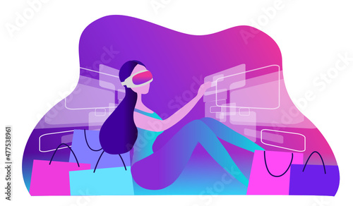 Woman wearing virtual reality  goggle glass shopping online vector illustration. Metaverse 3D experience technology  in shopping world