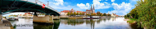 Regensburg, Germany. Panoramic view of the old town along the Danube bank.