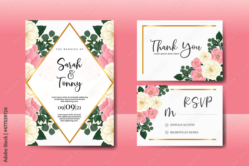 Wedding invitation frame set, floral watercolor Digital hand drawn Pink Mini Rose flower design Invitation Card Template