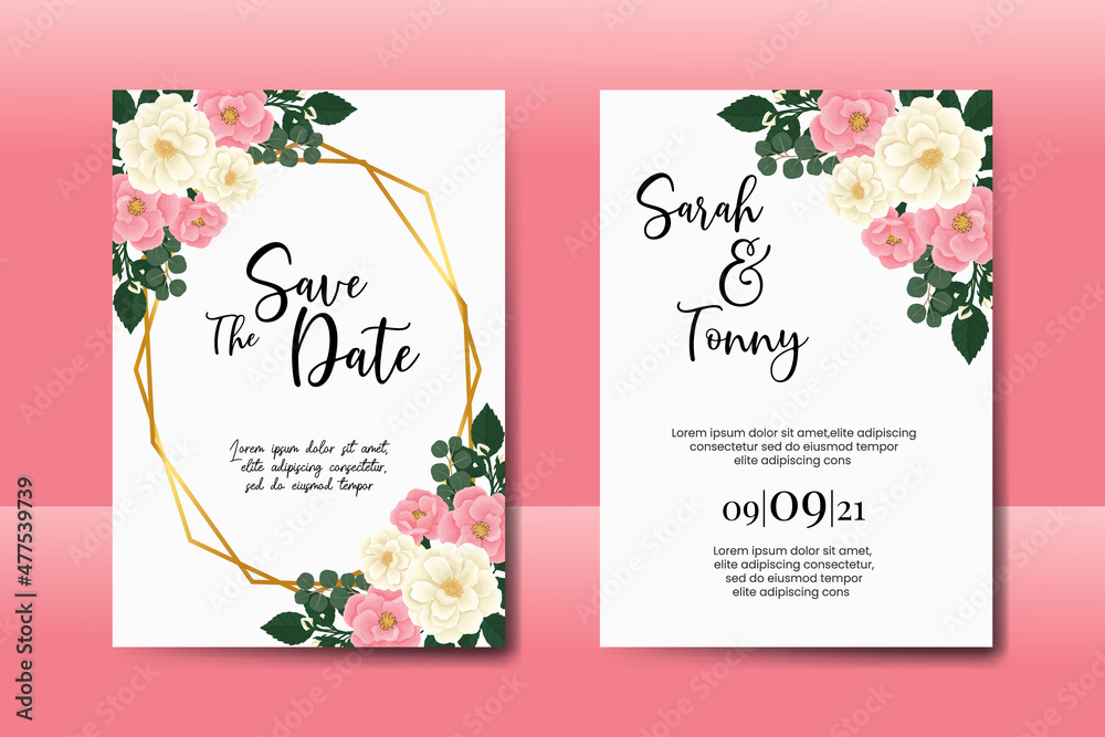 Wedding invitation frame set, floral watercolor Digital hand drawn Pink Mini Rose flower design Invitation Card Template