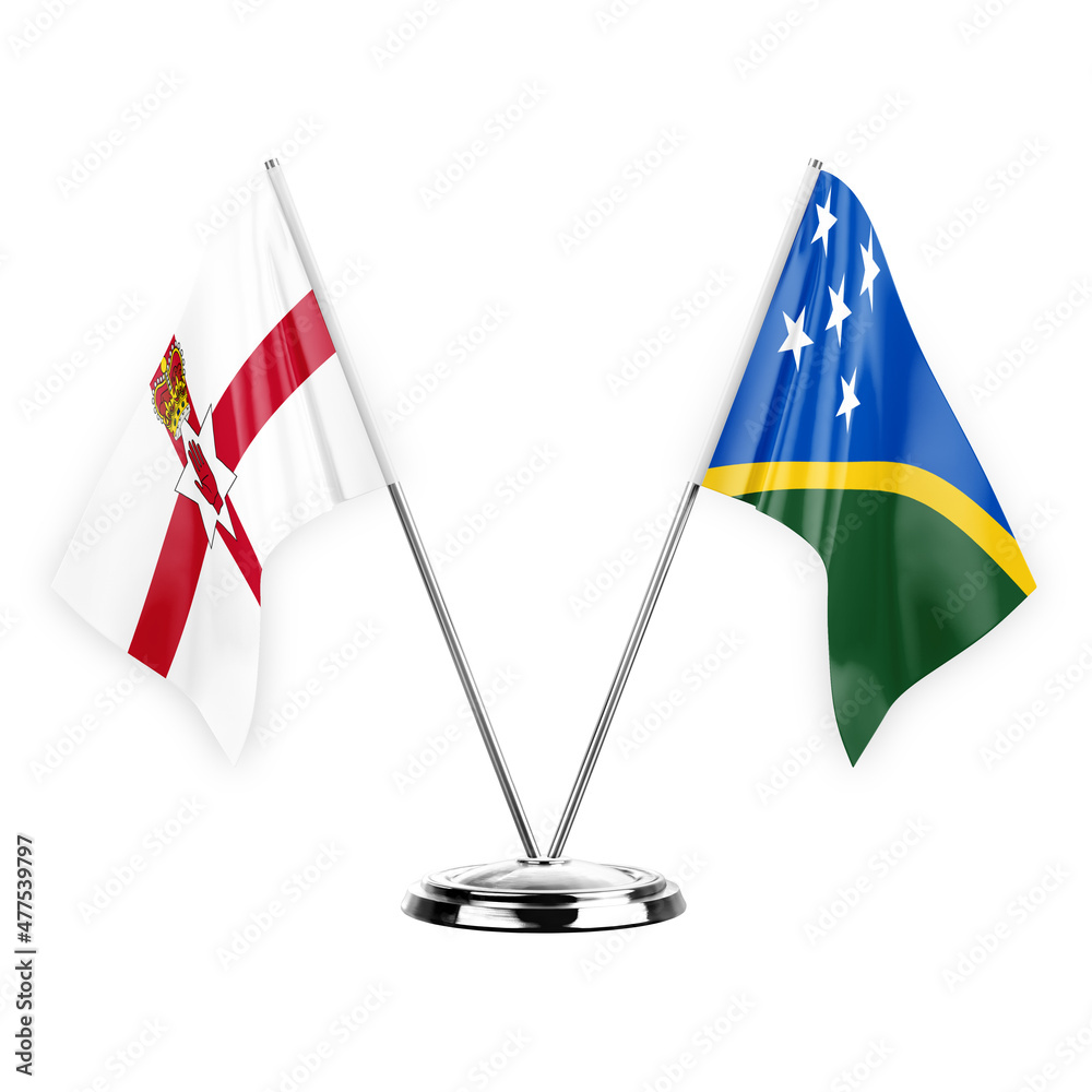 Two table flags isolated on white background 3d illustration, northern ireland and solomon islands Two table flags isolated on white background 3d illustration, northern ireland and solomon islands