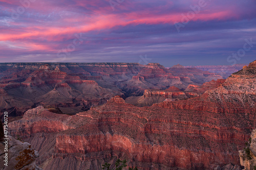 grand canyon after sunset with purple and pink sky